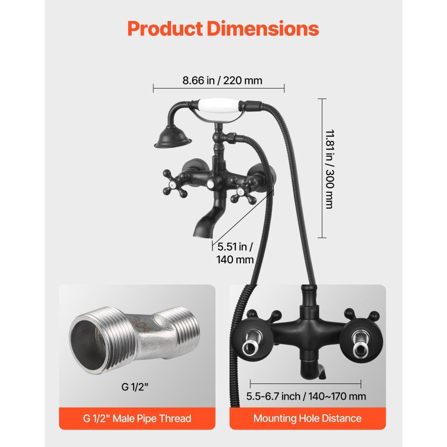 VEVOR Clawfoot Tub Faucet, Wall Mount Bathtub Faucets with Handheld Shower, Vintage Matte Black Clawfoot Tub Filler Faucet Shower Kit with Adjustable Swing Arms & 360° Rotation Spout for Bathtubs