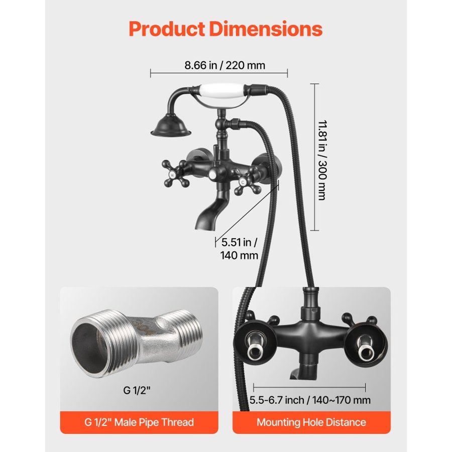VEVOR Clawfoot Tub Faucet, Wall Mount Bathtub Faucets with Handheld Shower, Vintage Oil-Rubbed Bronze Clawfoot Tub Filler Faucet Shower Kit with Adjustable Swing Arms & 360° Rotation Spout for Bathtubs