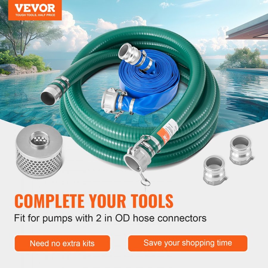 VEVOR Suction Hose Kit for Water Pump, with 51 mm(2 in) x 15.2 m(50 ft) Blue Backwash Hose, 6.1 m(20 ft) Green Suction Hose, and Steel Round Hole Strainer, Camlocks, Clamps, Cam & Groove Adapter, for Multiple Purposes
