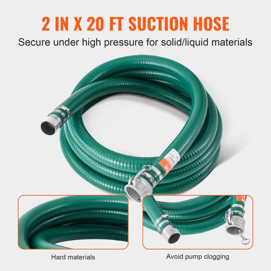 VEVOR Suction Hose Kit for Water Pump, with 51 mm(2 in) x 15.2 m(50 ft) Blue Backwash Hose, 6.1 m(20 ft) Green Suction Hose, and Steel Round Hole Strainer, Camlocks, Clamps, Cam & Groove Adapter, for Multiple Purposes