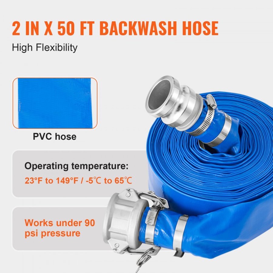 VEVOR Suction Hose Kit for Water Pump, with 51 mm(2 in) x 15.2 m(50 ft) Blue Backwash Hose, 6.1 m(20 ft) Green Suction Hose, and Steel Round Hole Strainer, Camlocks, Clamps, Cam & Groove Adapter, for Multiple Purposes