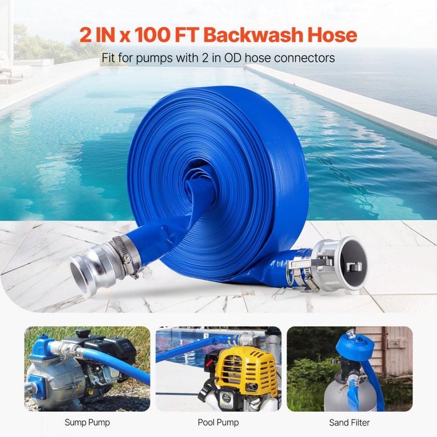 VEVOR 100 ft Backwash Hose – 2 in x 100 ft, 1.0mm PVC