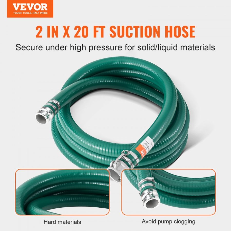VEVOR Suction Hose, 51 mm(2 in) x 6.1 m(20 ft), Green High Quality Hose, with Camlock Connectors, and Aluminum Fittings, Fit Various Pumps, for Sewage Treatment, Water Transportation and More Agricultural Purposes