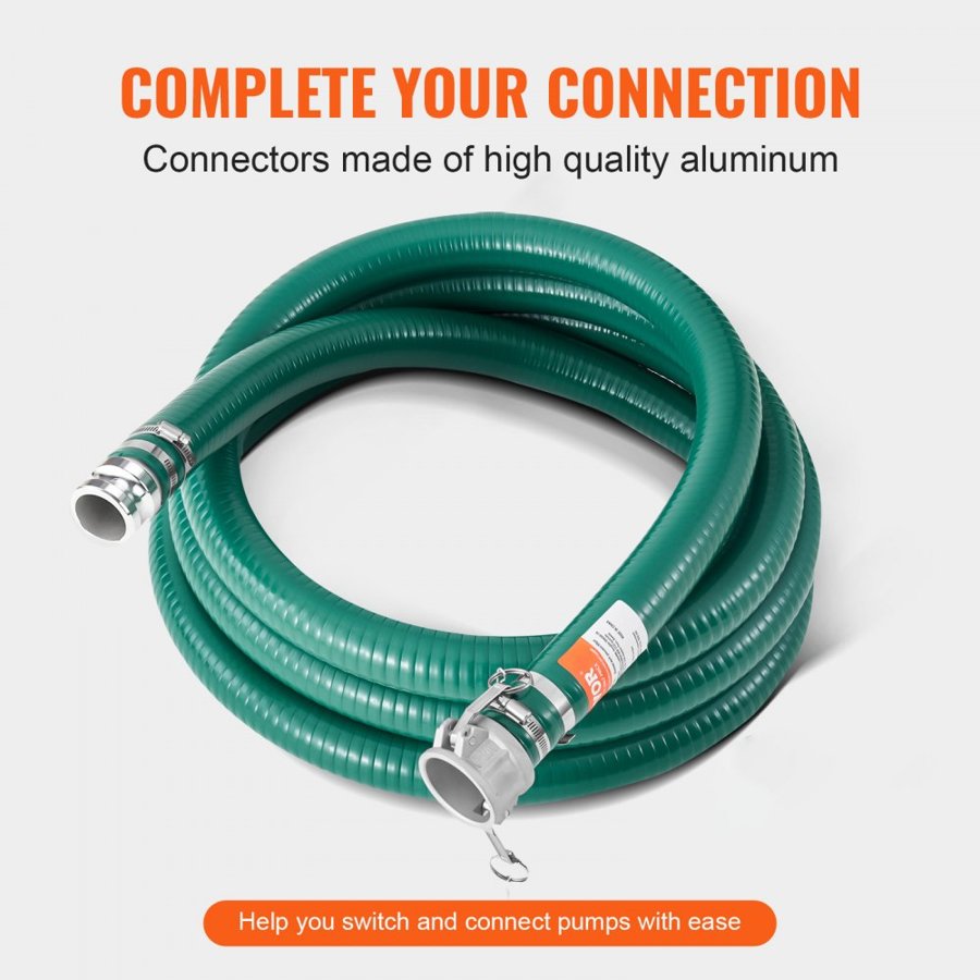 VEVOR Suction Hose, 51 mm(2 in) x 6.1 m(20 ft), Green High Quality Hose, with Camlock Connectors, and Aluminum Fittings, Fit Various Pumps, for Sewage Treatment, Water Transportation and More Agricultural Purposes