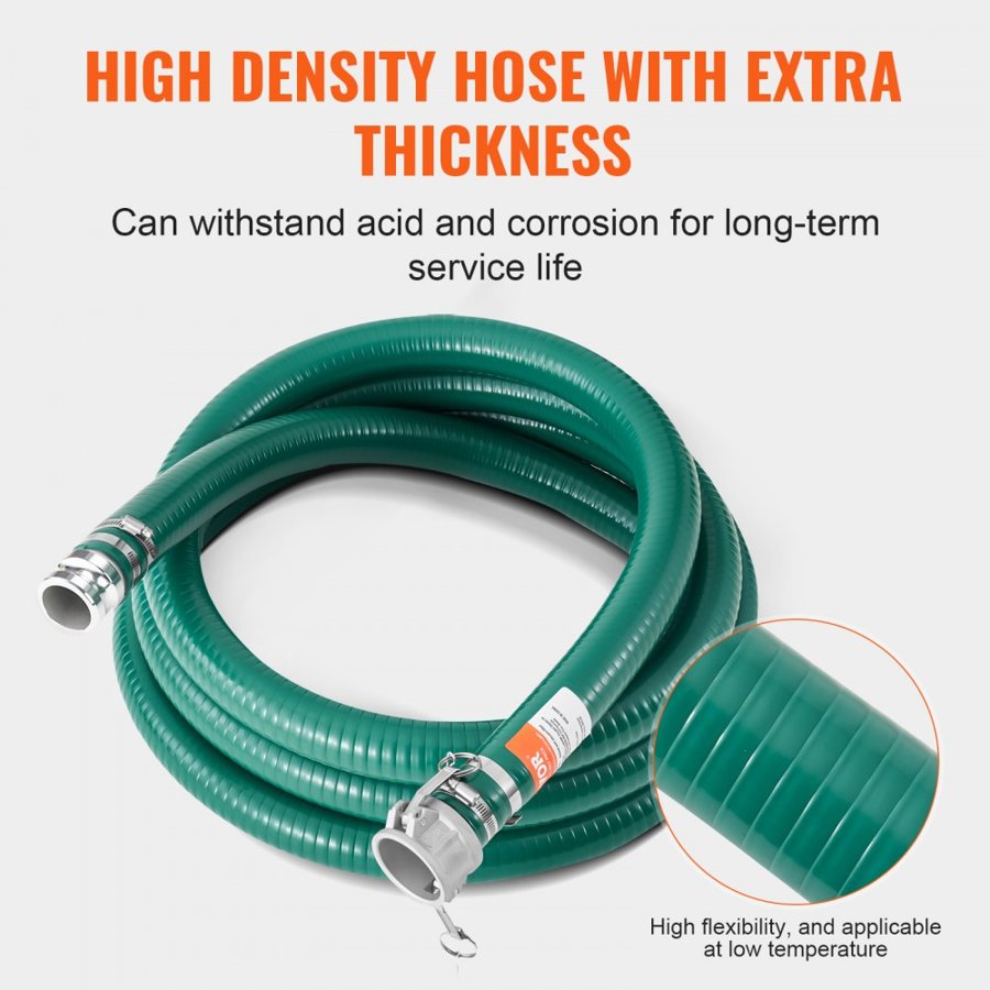 VEVOR Suction Hose, 51 mm(2 in) x 6.1 m(20 ft), Green High Quality Hose, with Camlock Connectors, and Aluminum Fittings, Fit Various Pumps, for Sewage Treatment, Water Transportation and More Agricultural Purposes