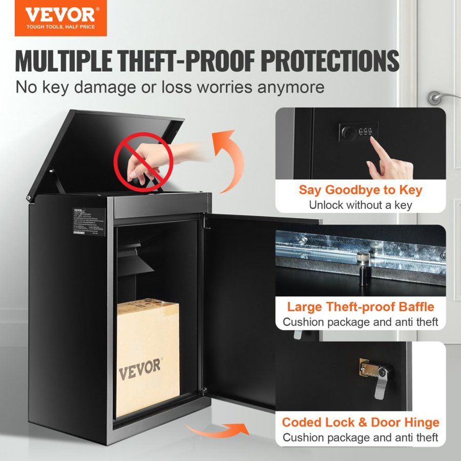 VEVOR Package Delivery Boxes for Outside 39.1 x 26.9 x 52.1 cm, Galvanized Steel Wall Mount Mailbox with Coded Lock, Anti-Theft Baffle, IPX3 Waterproof Lockable Large Mail Box for Porch, Curbside