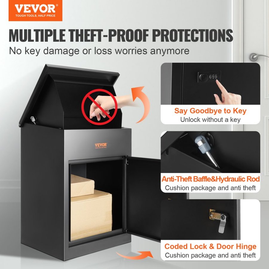 VEVOR Mailboxes for Outside 17.3"x13.8"x22.8", Galvanized Steel Package Delivery Boxes for Outside with Coded Lock, Anti-Theft Baffle, IPX3 Waterproof Delivery Box for Packages for Porch, Curbside
