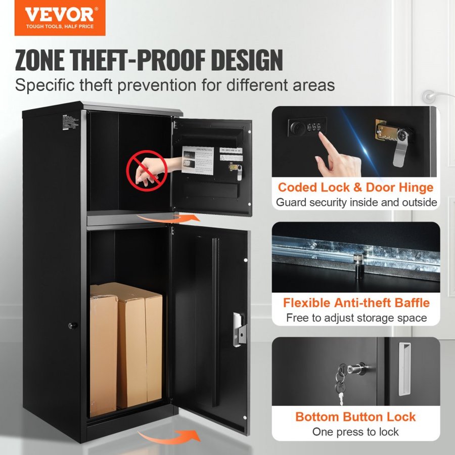 VEVOR Package Delivery Boxes for Outside 41.1x40.1x111.8 cm, Galvanized Steel Package Delivery Box with Coded Lock, Removable Anti-theft Baffle, IPX3 Waterproof Parcel Drop Box for Outside, Porch