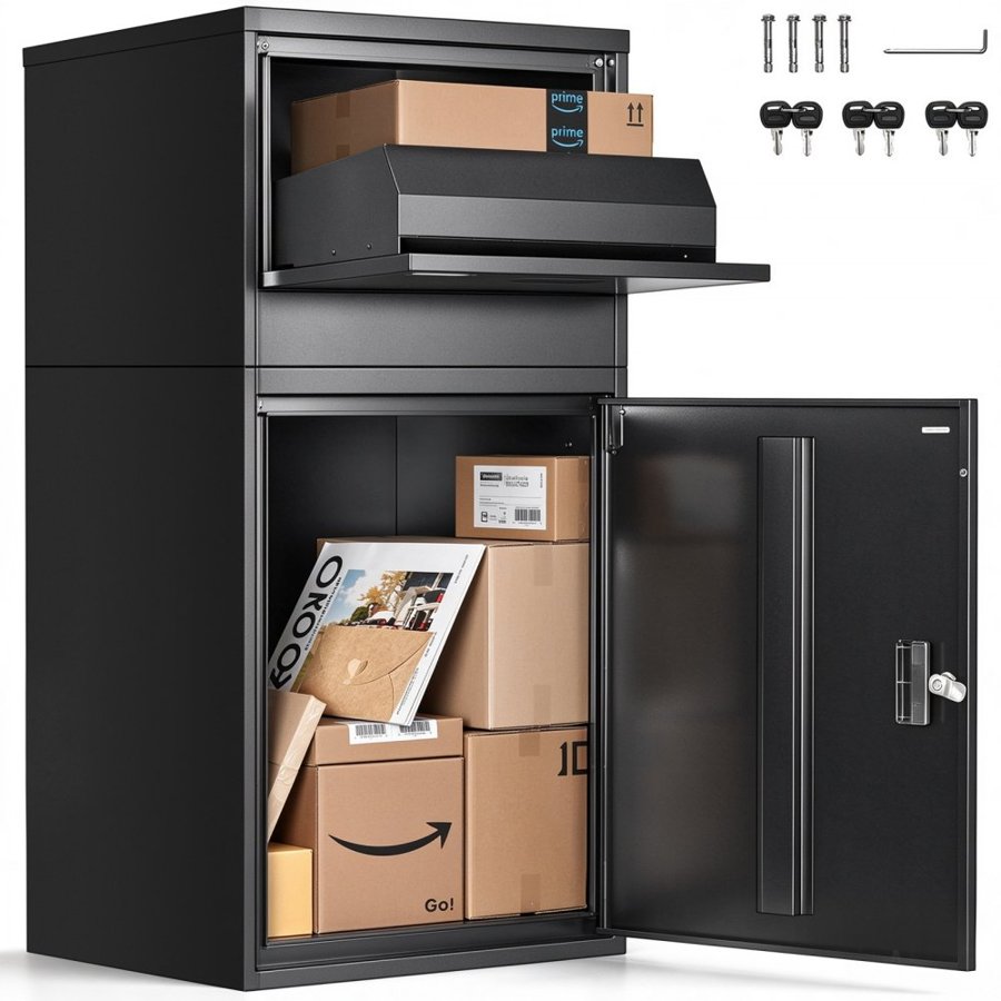 VEVOR Package Delivery Boxes for Outside, 38.6 in Mailbox for Parcel with Lock, Galvanized Steel Package Drop Box with Anti-Theft Design, Weather-Resistant Package Mailbox for Home and Office, Black