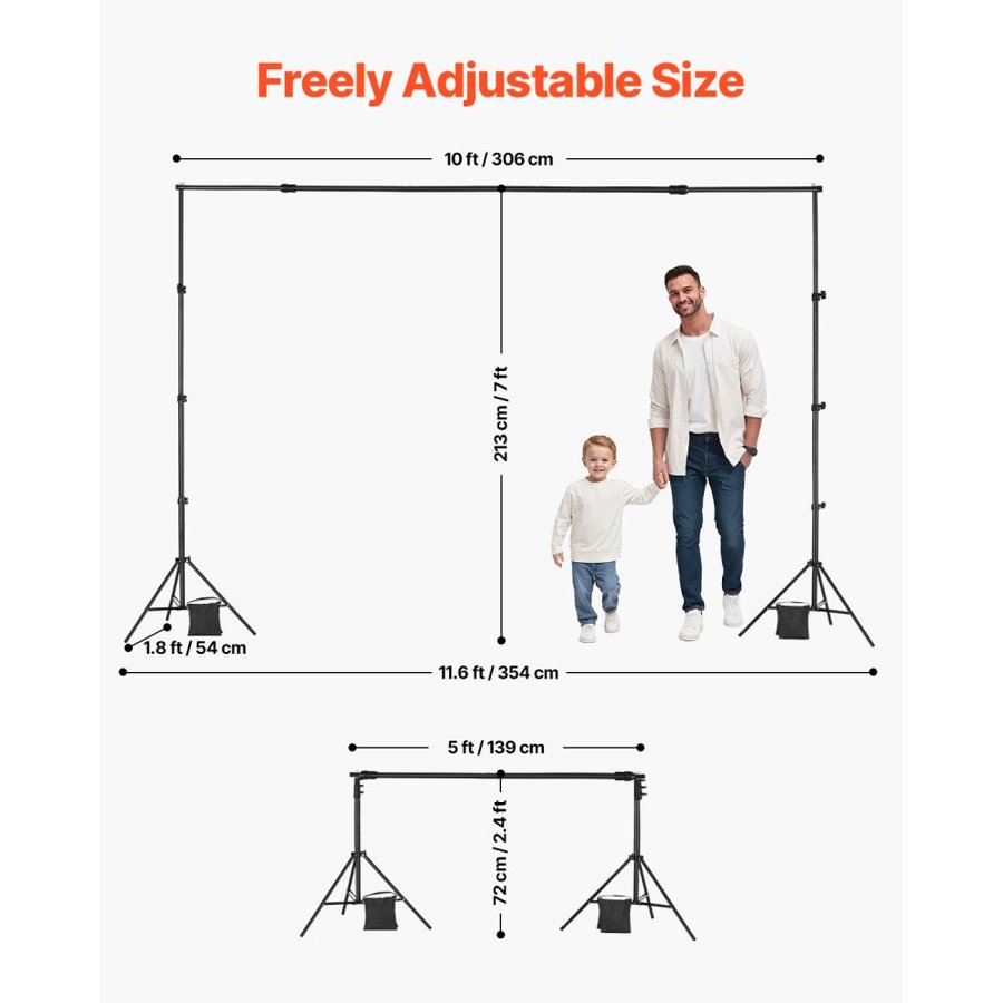VEVOR Backdrop Stand, 7 x 10 ft Adjustable Photo Backdrop Stand Kit, Portable Background Backdrop Stand with 3 Crossbars, Heavy Duty Projector Screen Stand, for Wedding, Photo Video Studio & Party