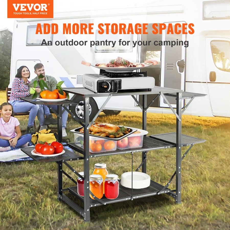 VEVOR Camping Kitchen Table, One-piece Folding Portable Cook Station with A Carrying Bag, Aluminum Camping Table 4 Iron Side Tables & 2 Shelves, Ideal for Outdoor Picnics, BBQs, Camping, RV Traveling