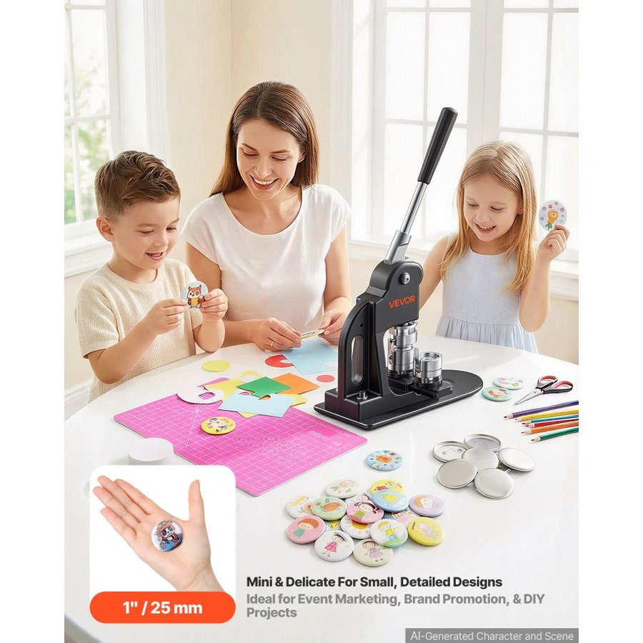VEVOR Button Maker Machine 1" / 25 mm Pin Maker 500pcs Button Parts Black, with Circle Cutter, Magic Book, and Hex Wrenches, Ergonomic Handle, for DIY Badges, Pins, Fridge Magnets and Key Chains