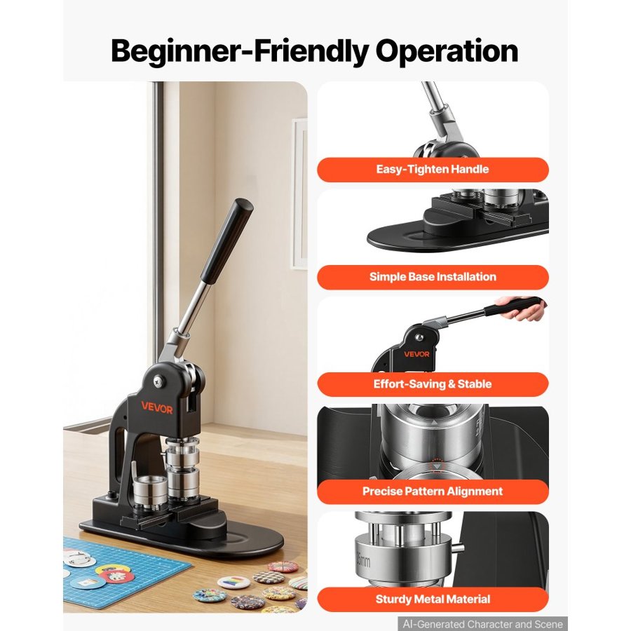 VEVOR Button Maker Machine 1" / 25 mm Pin Maker 500pcs Button Parts Black, with Circle Cutter, Magic Book, and Hex Wrenches, Ergonomic Handle, for DIY Badges, Pins, Fridge Magnets and Key Chains