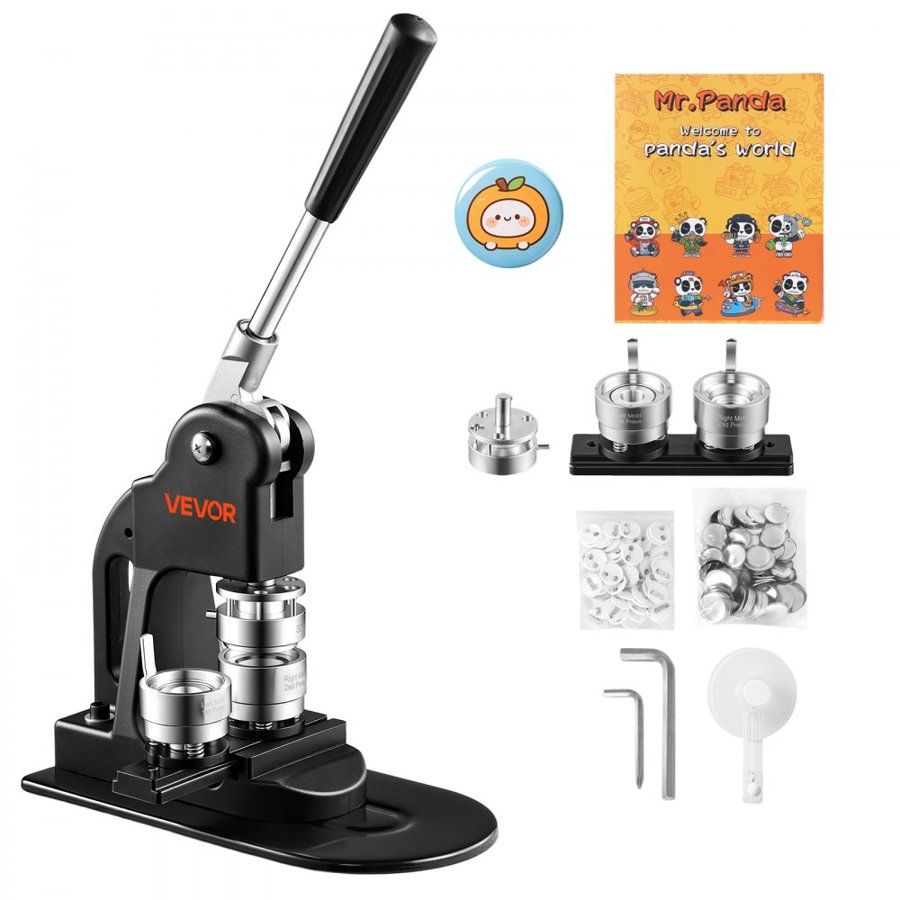 VEVOR Button Maker Machine 1.25"/32 mm Pin Maker 500pcs Button Parts Black, with Circle Cutter, Magic Book, and Hex Wrenches, Ergonomic Handle, for DIY Badges, Pins, Fridge Magnets and Key Chains