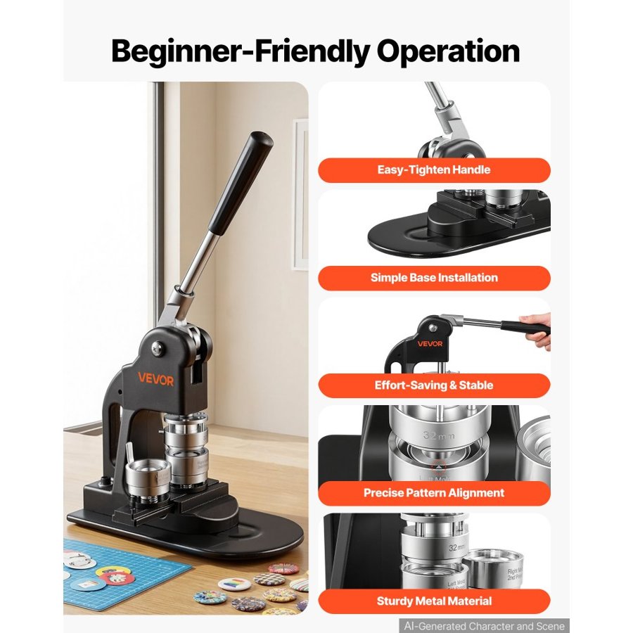 VEVOR Button Maker Machine 1.25"/32 mm Pin Maker 500pcs Button Parts Black, with Circle Cutter, Magic Book, and Hex Wrenches, Ergonomic Handle, for DIY Badges, Pins, Fridge Magnets and Key Chains