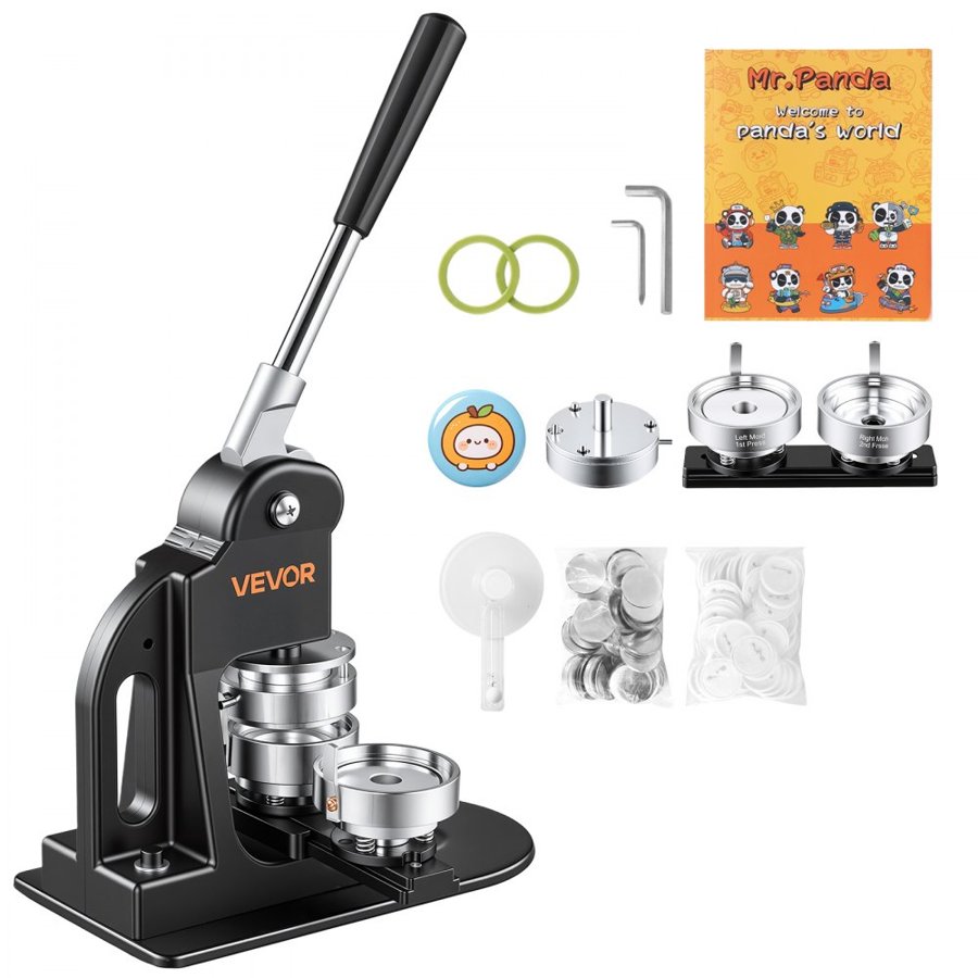 VEVOR Button Maker Machine 2.25"/58mm Pin Maker 500pcs Button Parts Black, with Circle Cutter, Magic Book, and Hex Wrenches, Ergonomic Handle, for DIY Badges, Pins, Fridge Magnets and Key Chains