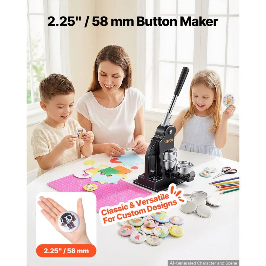 VEVOR Button Maker Machine 2.25"/58mm Pin Maker 500pcs Button Parts Black, with Circle Cutter, Magic Book, and Hex Wrenches, Ergonomic Handle, for DIY Badges, Pins, Fridge Magnets and Key Chains