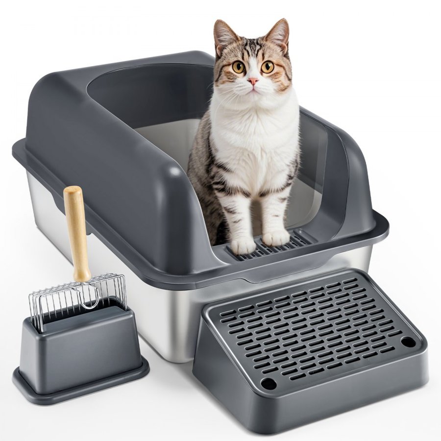 VEVOR Cat Litter Box, 6 inches Deep, XL Extra Large Stainless Steel Cat Litter Box with Scoop, Wide Filtering Foot Board & High Sides, Enclosed Odor-Free Easy-to-Clean Litter Box, Fit for Big Cats