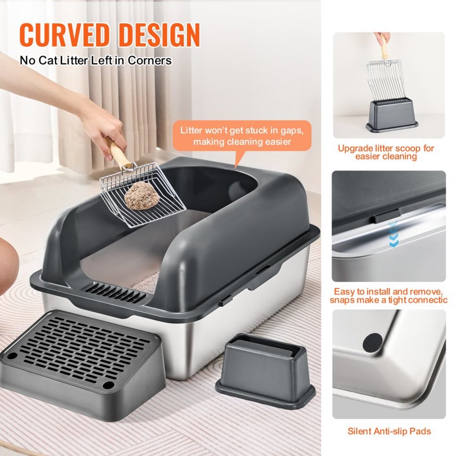 VEVOR Cat Litter Box, 6 inches Deep, XL Extra Large Stainless Steel Cat Litter Box with Scoop, Wide Filtering Foot Board & High Sides, Enclosed Odor-Free Easy-to-Clean Litter Box, Fit for Big Cats