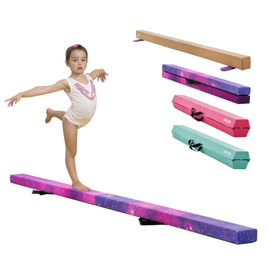 VEVOR 8FT Folding Balance Beam for Kids, 136.1KG Stable Support Gymnastics Floor Beam with Non-Slip Mat, Wood-Core Gymnastics Training Equipment with Anti-Slip Bottom & Carry Bag for Home Gym, Galaxy