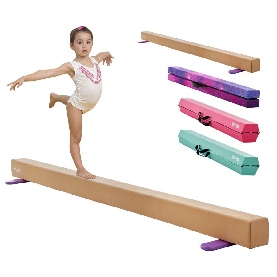 VEVOR 8FT Balance Beam for Kids, 158.7 KG Stable Support Gymnastics Floor Beam with Non-Slip Wooden Mats, Wood-Core Gymnastics Training Equipment with Anti-Slip Bottom for Home and Gym, Yellow