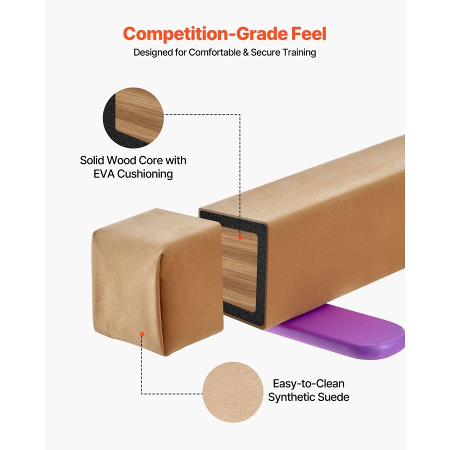 VEVOR 8FT Balance Beam for Kids, 158.7 KG Stable Support Gymnastics Floor Beam with Non-Slip Wooden Mats, Wood-Core Gymnastics Training Equipment with Anti-Slip Bottom for Home and Gym, Yellow