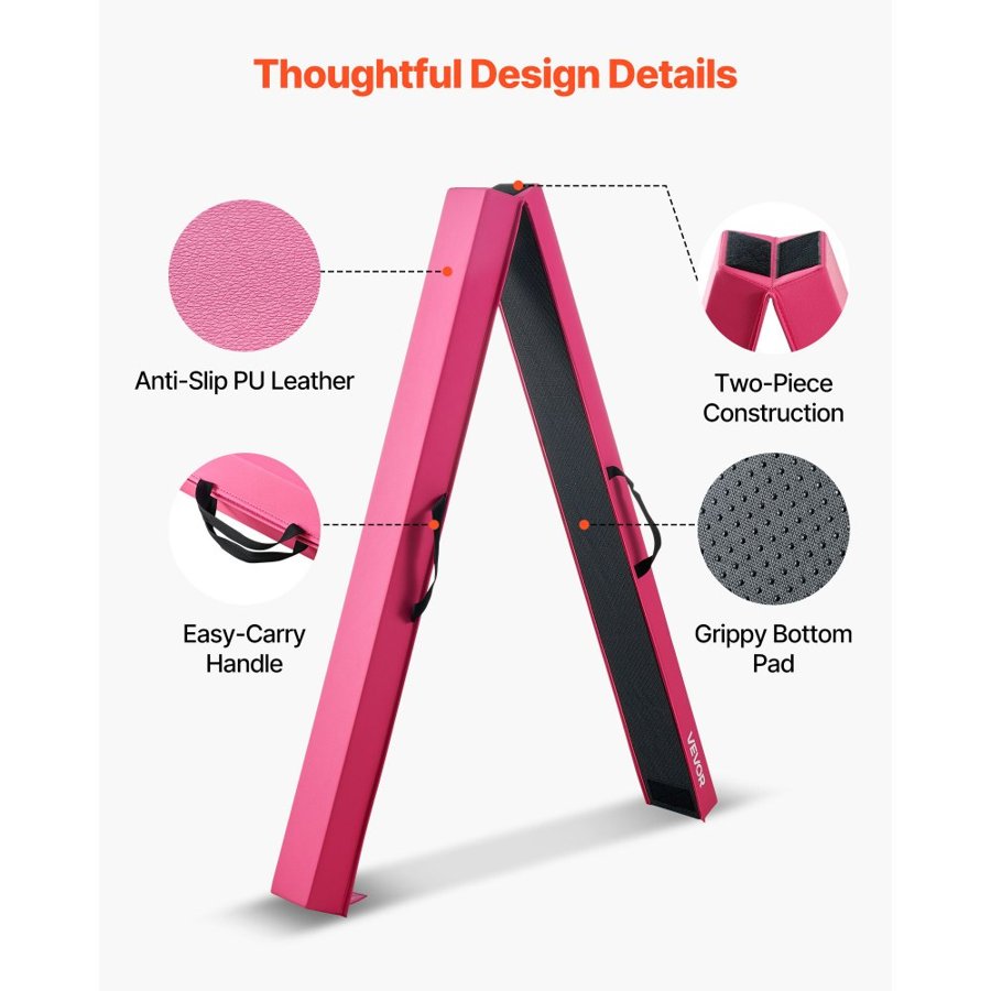 VEVOR 8FT Folding Balance Beam for Kids, 90.7 KG Stable Support Gymnastics Floor Beam with Non-Slip Mats, Gymnastics Training Equipment with Anti-Slip Bottom and Carrying Bag for Home Gym, Pink