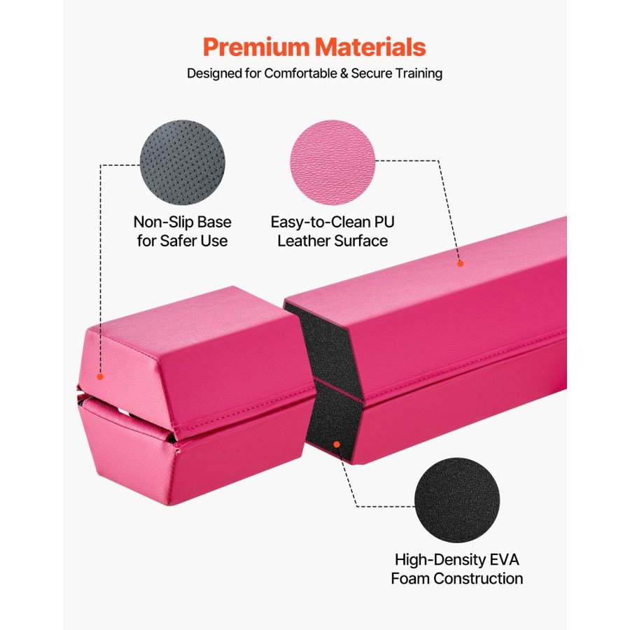 VEVOR 8FT Folding Balance Beam for Kids, 90.7 KG Stable Support Gymnastics Floor Beam with Non-Slip Mats, Gymnastics Training Equipment with Anti-Slip Bottom and Carrying Bag for Home Gym, Pink