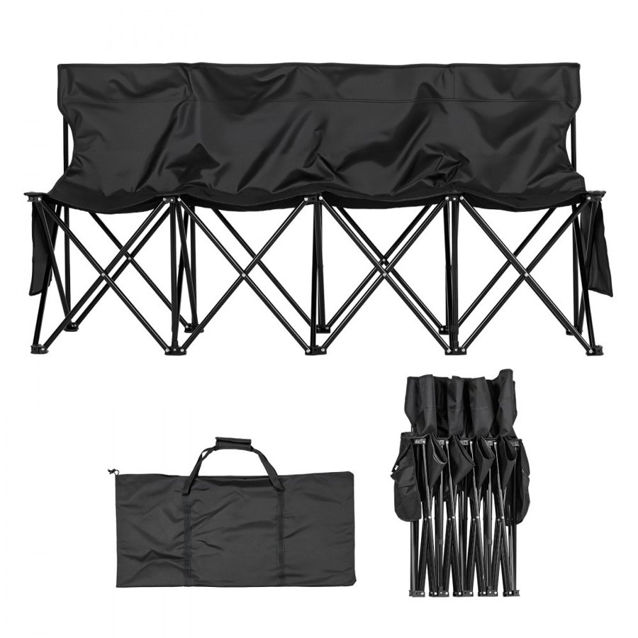 VEVOR Portable Folding Bench, 4 Seat Foldable Soccer Bench with Side Pockets and Carrying Bag, Lightweight Sideline Seating with Back Rest for Football, Baseball, Camping, Outdoor Events, Black