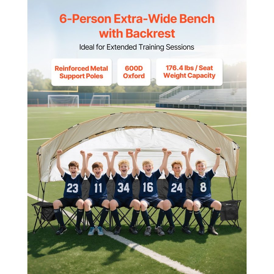 VEVOR Portable Folding Sports Bench – 6-Seat, UPF 50+ Canopy