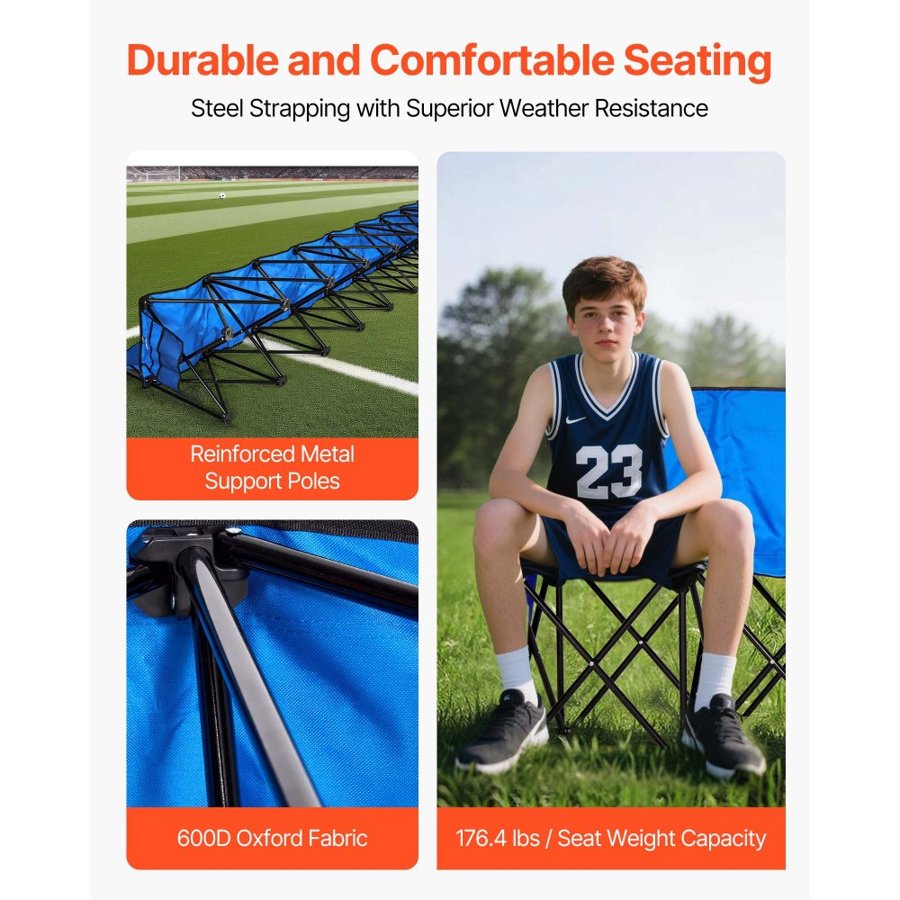 VEVOR Portable Folding Bench, 8 Seat Foldable Soccer Bench with Side Pockets and Carrying Bag, Lightweight Sideline Seating with Back Rest for Football, Baseball, Camping, Outdoor Events, Blue