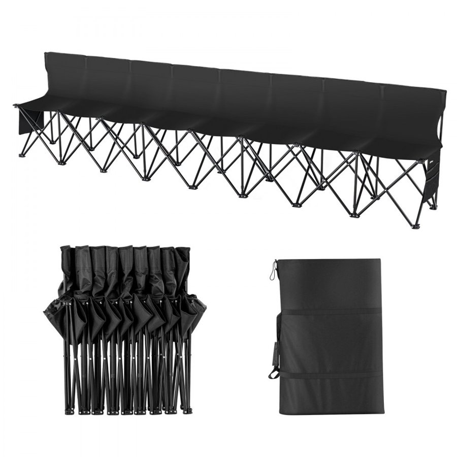 VEVOR Portable Folding Bench, 8 Seat Foldable Soccer Bench with Side Pockets and Carrying Bag, Lightweight Sideline Seating with Back Rest for Football, Baseball, Camping, Outdoor Events, Black