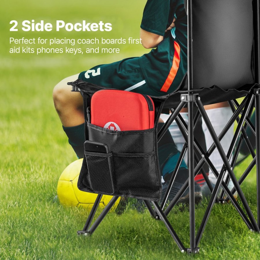 VEVOR Portable Folding Bench, 8 Seat Foldable Soccer Bench with Side Pockets and Carrying Bag, Lightweight Sideline Seating with Back Rest for Football, Baseball, Camping, Outdoor Events, Black