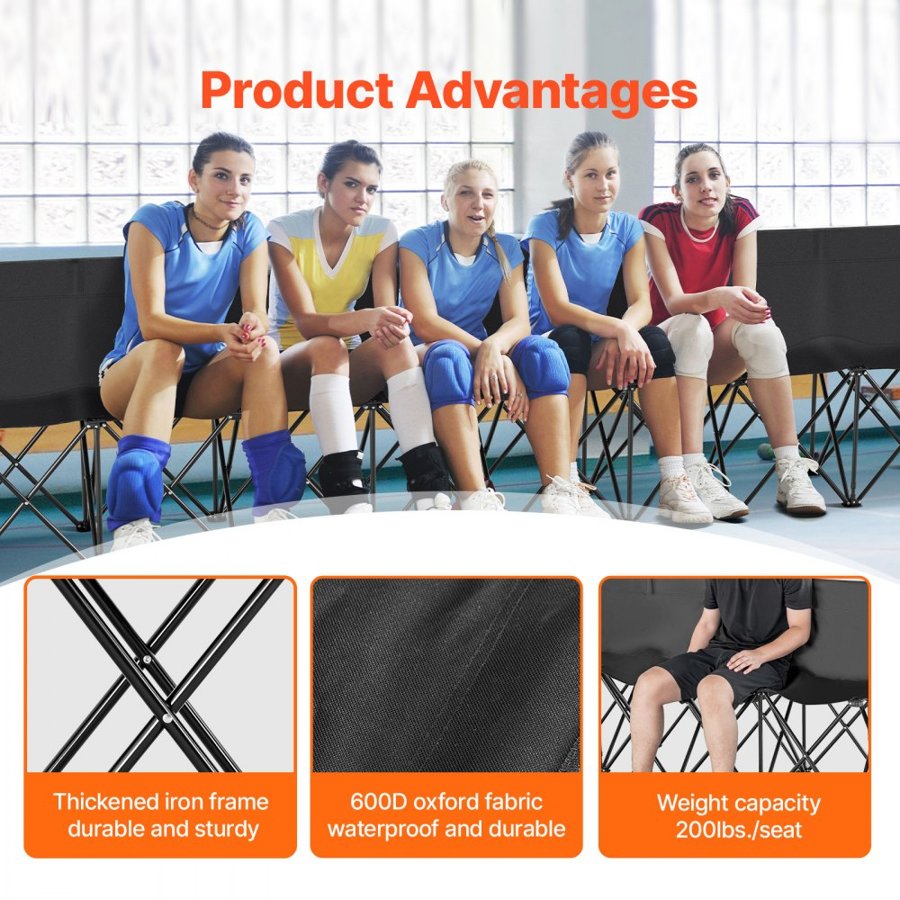 VEVOR Portable Folding Bench, 8 Seat Foldable Soccer Bench with Side Pockets and Carrying Bag, Lightweight Sideline Seating with Back Rest for Football, Baseball, Camping, Outdoor Events, Black