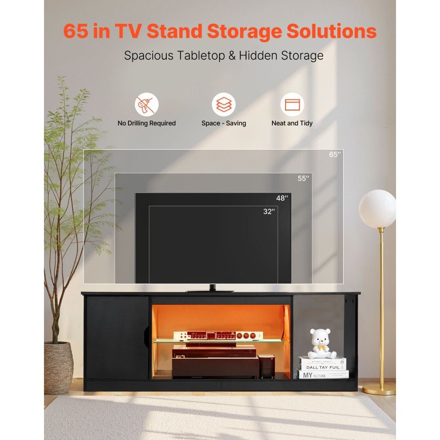 VEVOR TV Stand for TVs up to 1651 mm, Modern Entertainment Center with Light Strip, Wooden TV Cabinet Storage with Glass Shelf and Adjustable Shelves, Console Table for Living Room and Bedroom, Black