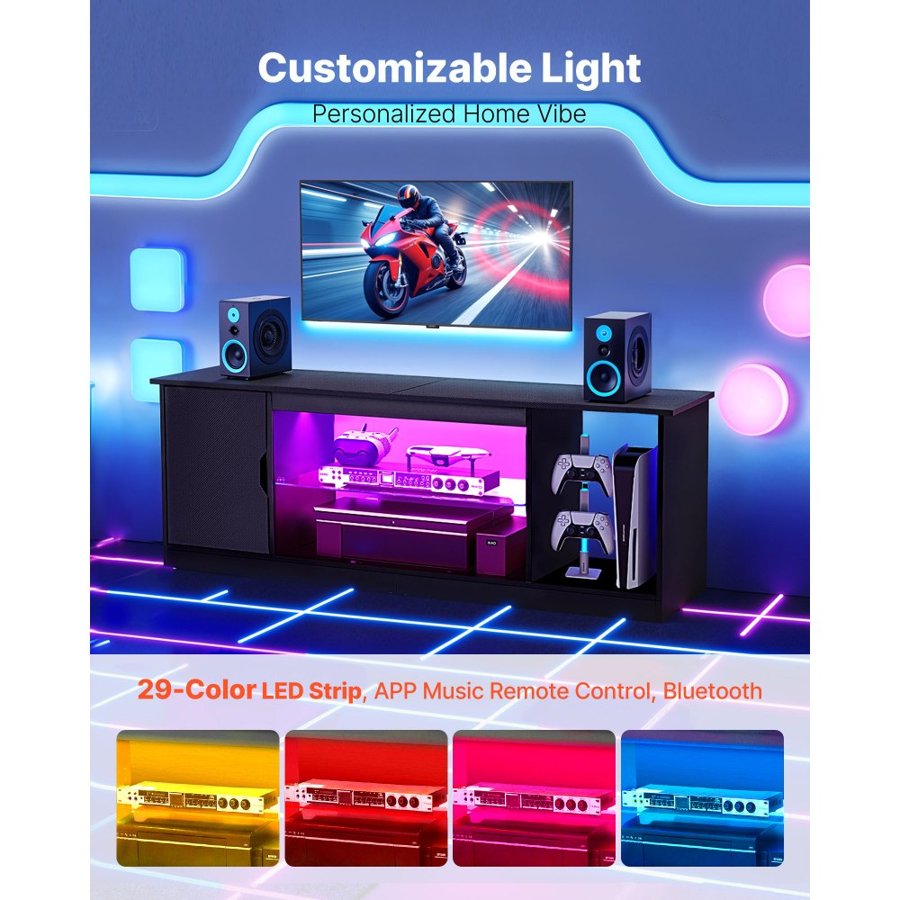 VEVOR TV Stand for TVs up to 1651 mm, Modern Entertainment Center with Light Strip, Wooden TV Cabinet Storage with Glass Shelf and Adjustable Shelves, Console Table for Living Room and Bedroom, Black