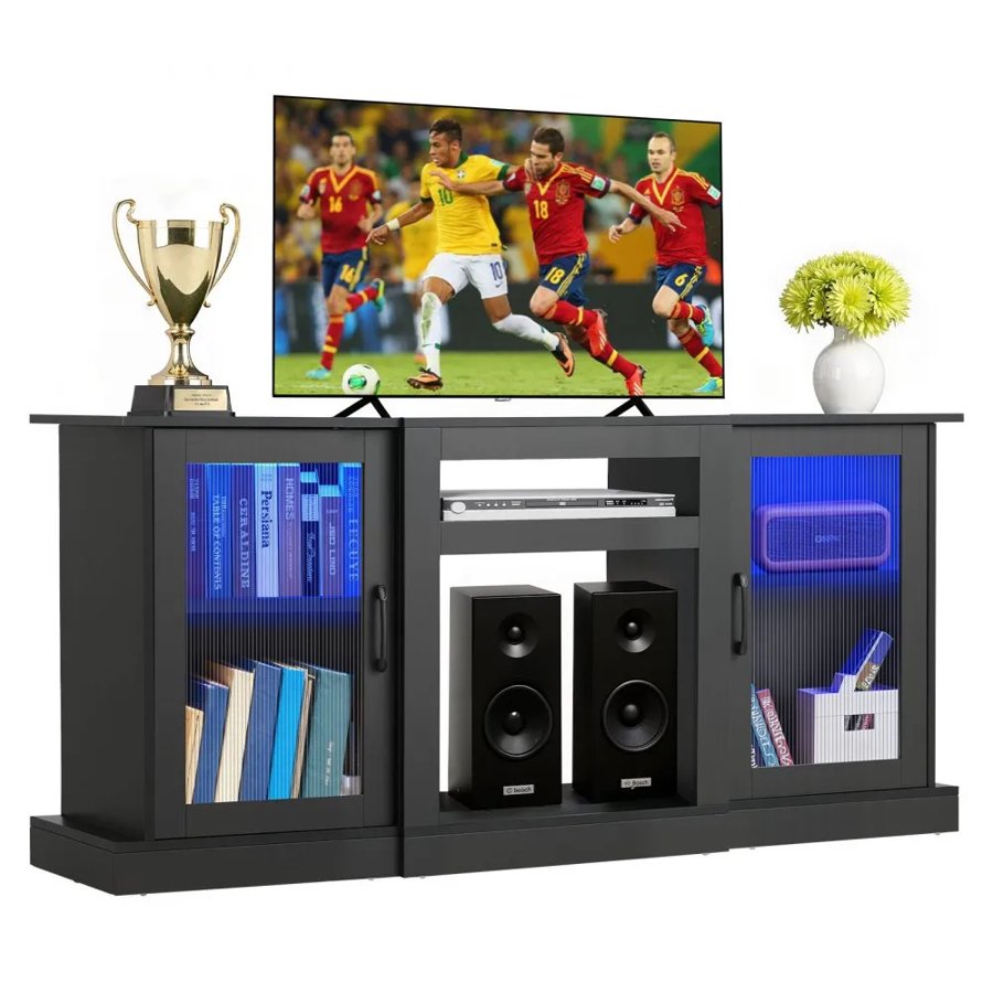 VEVOR TV Stand for TVs up to 1651 mm, Modern Entertainment Center with Light Strip, Wooden TV Cabinet Storage with Glass Doors and Adjustable Shelves, Console Table for Living Room and Bedroom, Black