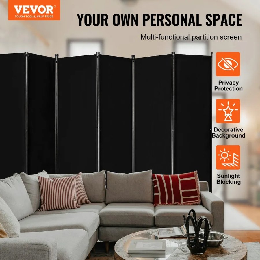 VEVOR Room Divider, 6 Panels Room Divider, Folding Privacy Screen and Portable Partition Divider for Room Separation, Freestanding Room Partitions for Office, Bedroom, Study, Black