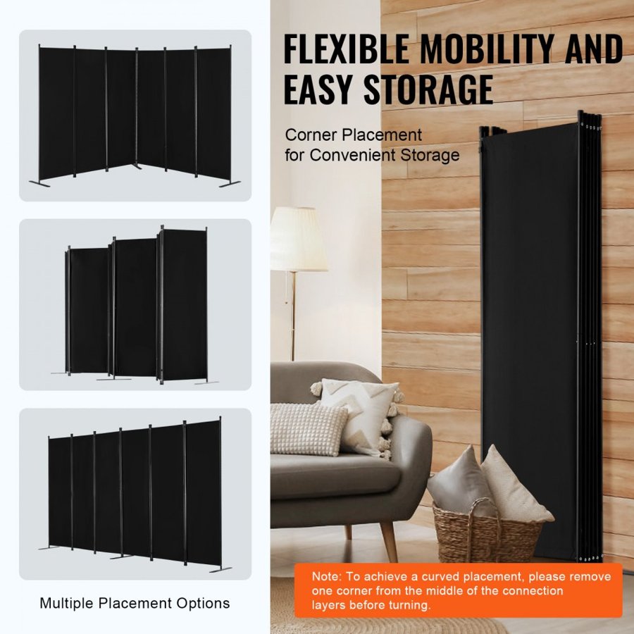 VEVOR Room Divider, 6 Panels Room Divider, Folding Privacy Screen and Portable Partition Divider for Room Separation, Freestanding Room Partitions for Office, Bedroom, Study, Black
