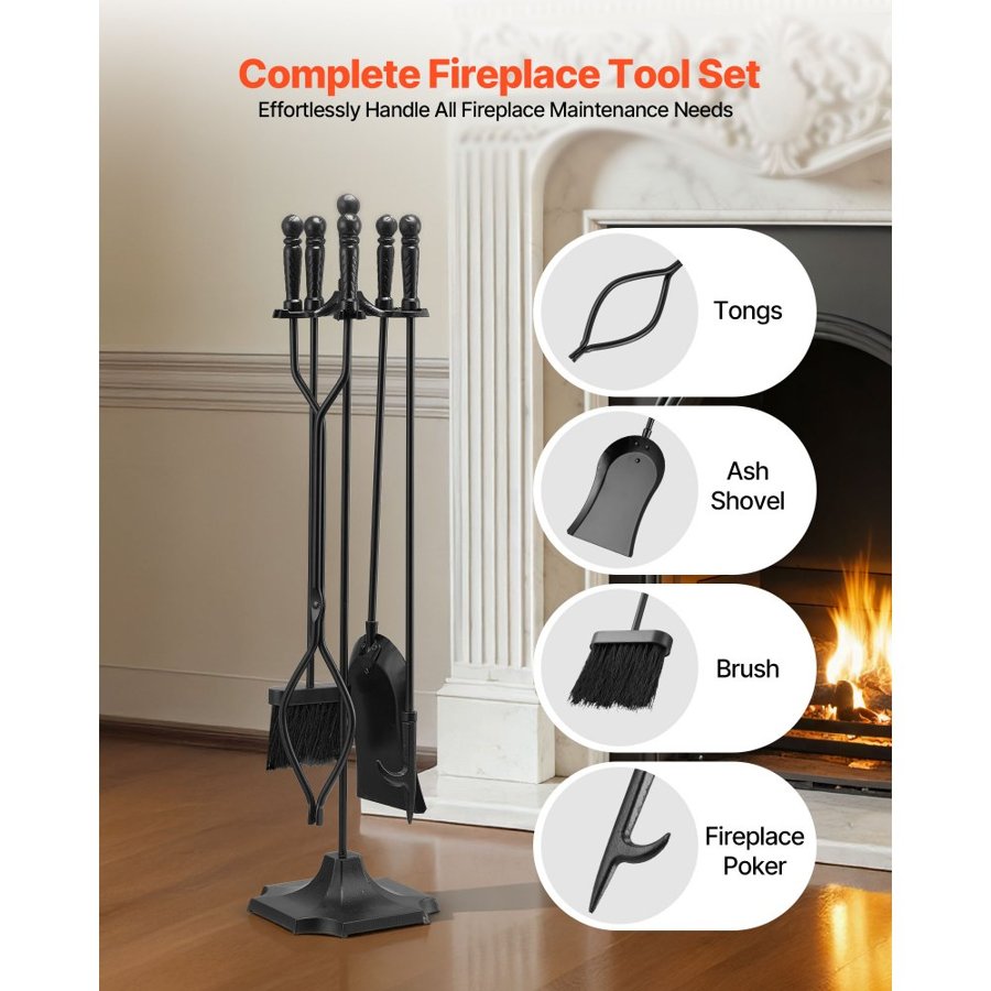 VEVOR Fireplace 5 Piece Tool Set – 32" Stand, Wrought Iron