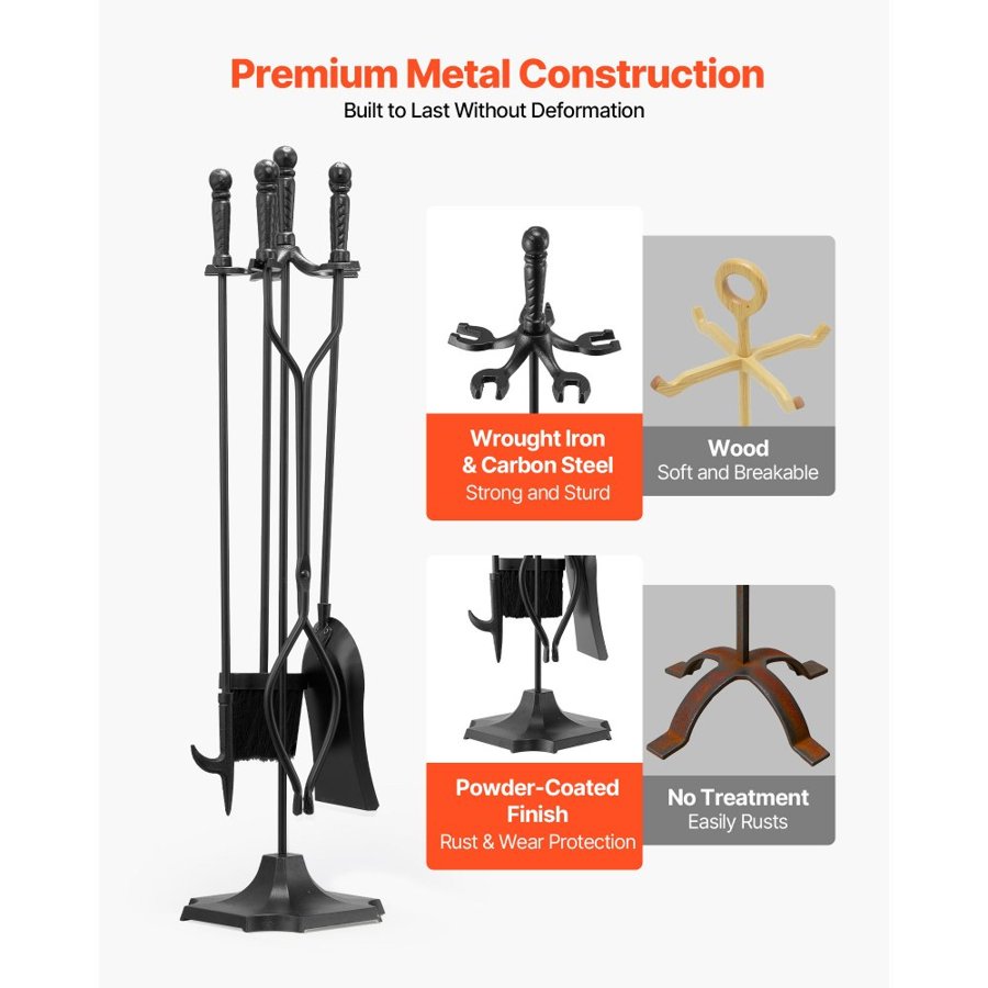 VEVOR Fireplace 5 Piece Tool Set – 32" Stand, Wrought Iron