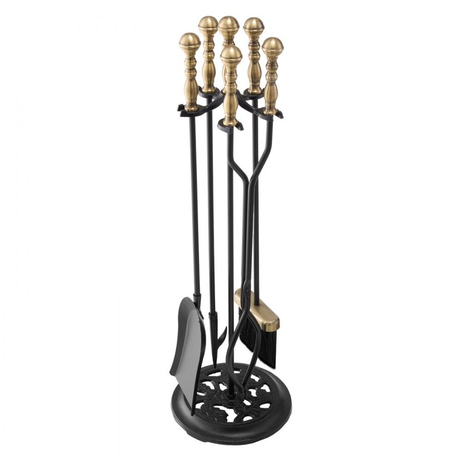 VEVOR Fireplace Tool Set, 5 PCS Fire Tool Set and Holder with Five-Prong Stand, Tongs, Ash Shovel, Brush, Fire Place Poker, Wrought Iron Fireplace Accessories for Indoor/Outdoor, Black & Brass