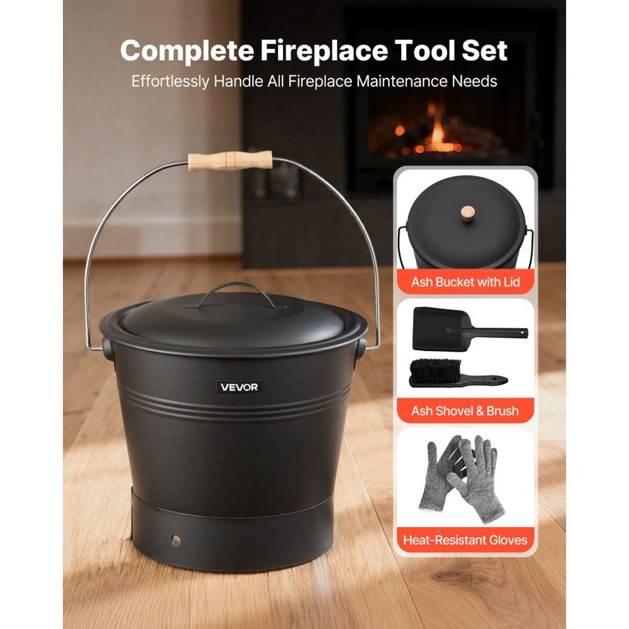 VEVOR Ash Bucket, 4 PCS with Lid, Shovel, Broom and Gloves, Metal Fireplace Charcoal Bucket and Ash Can, 9.8L Large Capacity for Fireplace, Fire Pits, Wood Burning Stoves, Indoor and Outdoor