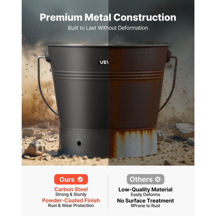 VEVOR Ash Bucket, 4 PCS with Lid, Shovel, Broom and Gloves, Metal Fireplace Charcoal Bucket and Ash Can, 9.8L Large Capacity for Fireplace, Fire Pits, Wood Burning Stoves, Indoor and Outdoor