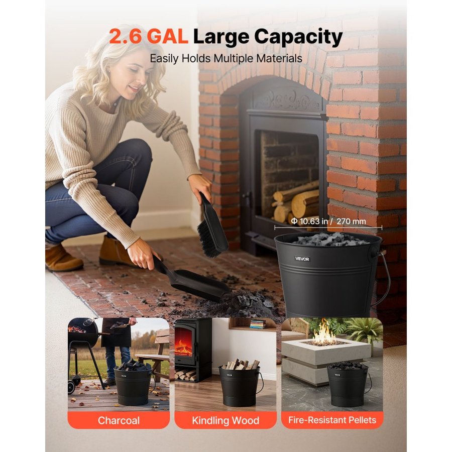 VEVOR Ash Bucket, 4 PCS with Lid, Shovel, Broom and Gloves, Metal Fireplace Charcoal Bucket and Ash Can, 9.8L Large Capacity for Fireplace, Fire Pits, Wood Burning Stoves, Indoor and Outdoor