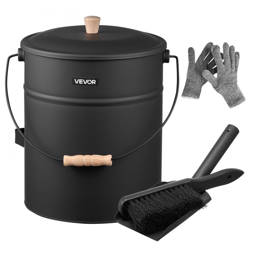 VEVOR Ash Bucket, 4 PCS with Lid, Shovel, Broom and Gloves, Metal Fireplace Charcoal Bucket and Ash Can, 15L Large Capacity for Fireplace, Fire Pits, Wood Burning Stoves, Indoor and Outdoor