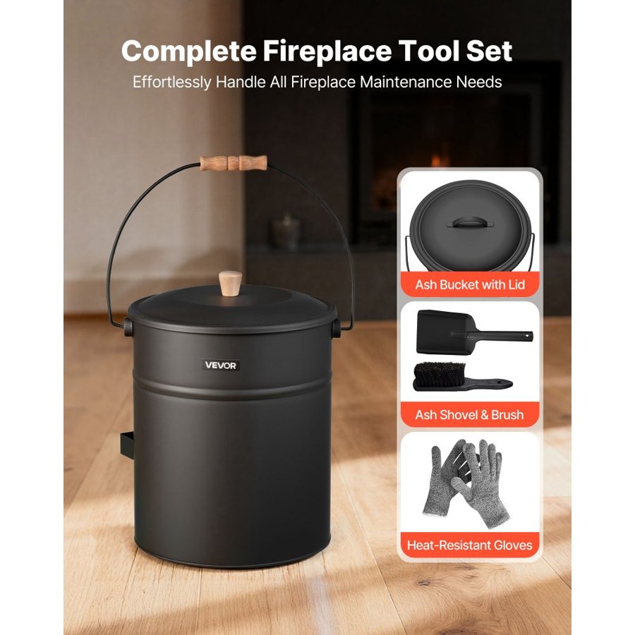 VEVOR Ash Bucket, 4 PCS with Lid, Shovel, Broom and Gloves, Metal Fireplace Charcoal Bucket and Ash Can, 15L Large Capacity for Fireplace, Fire Pits, Wood Burning Stoves, Indoor and Outdoor