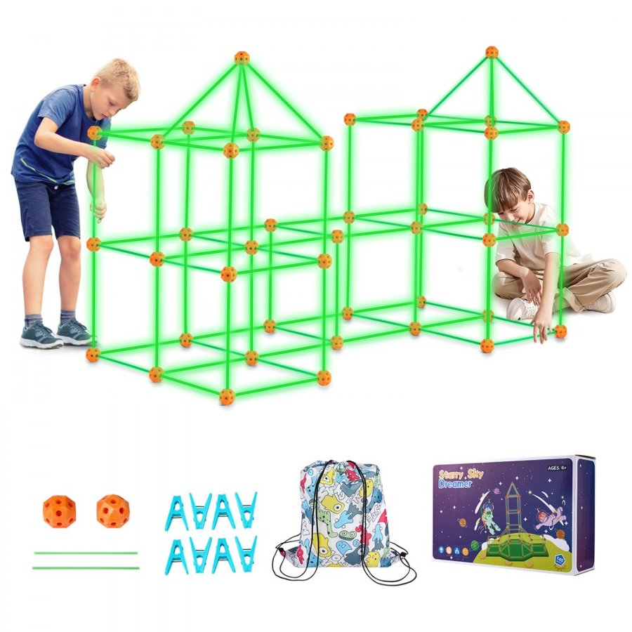 VEVOR Fort Building Kit for Kids, 140PCS Glow in The Dark STEM Building Toys, Educational Gift for 4 5 6 7 8+ Year Old Boys & Girls Indoor Outdoor Play Tent Construction Toys with 96 Rods and 44 Balls