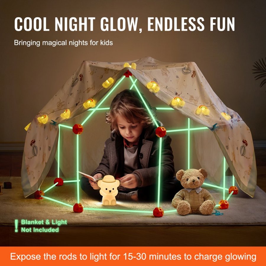 VEVOR Fort Building Kit for Kids, 140PCS Glow in The Dark STEM Building Toys, Educational Gift for 4 5 6 7 8+ Year Old Boys & Girls Indoor Outdoor Play Tent Construction Toys with 96 Rods and 44 Balls