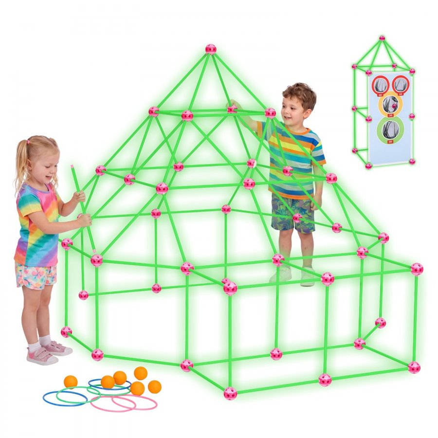 VEVOR Glow-in-the-Dark Fort Building Kit for Kids, 140PCS STEM Builder Toys, for 4 5 6 7 8+ Year Old Boys Girls, Upgraded Balls, Ring & Ball Toss, Educational Activity Indoor Outdoor Play, Storage Bag